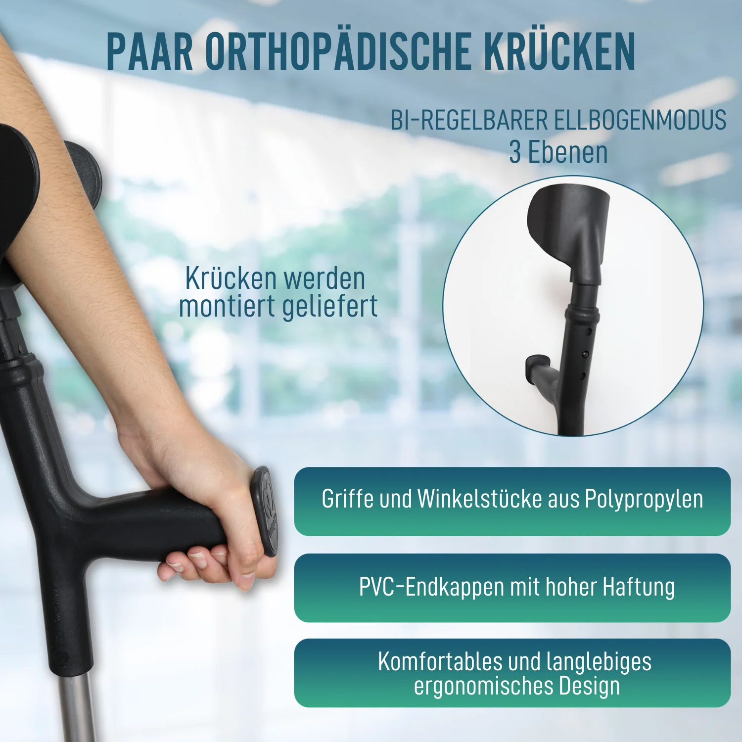 Pack 2 Höhenverstellbare orthopädische Gehhilfen | Duo Unterarmstützen - Image 3
