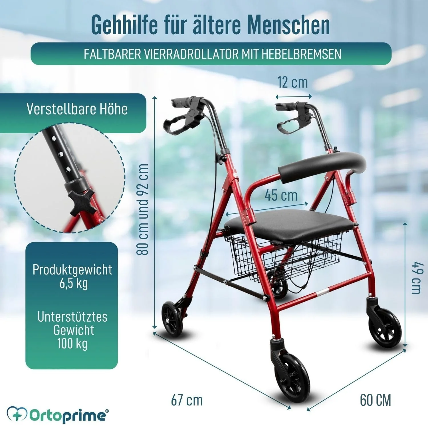 Rollator aus Aluminium mit Bremsen und Gepolsterter Sitzfläche - Image 6