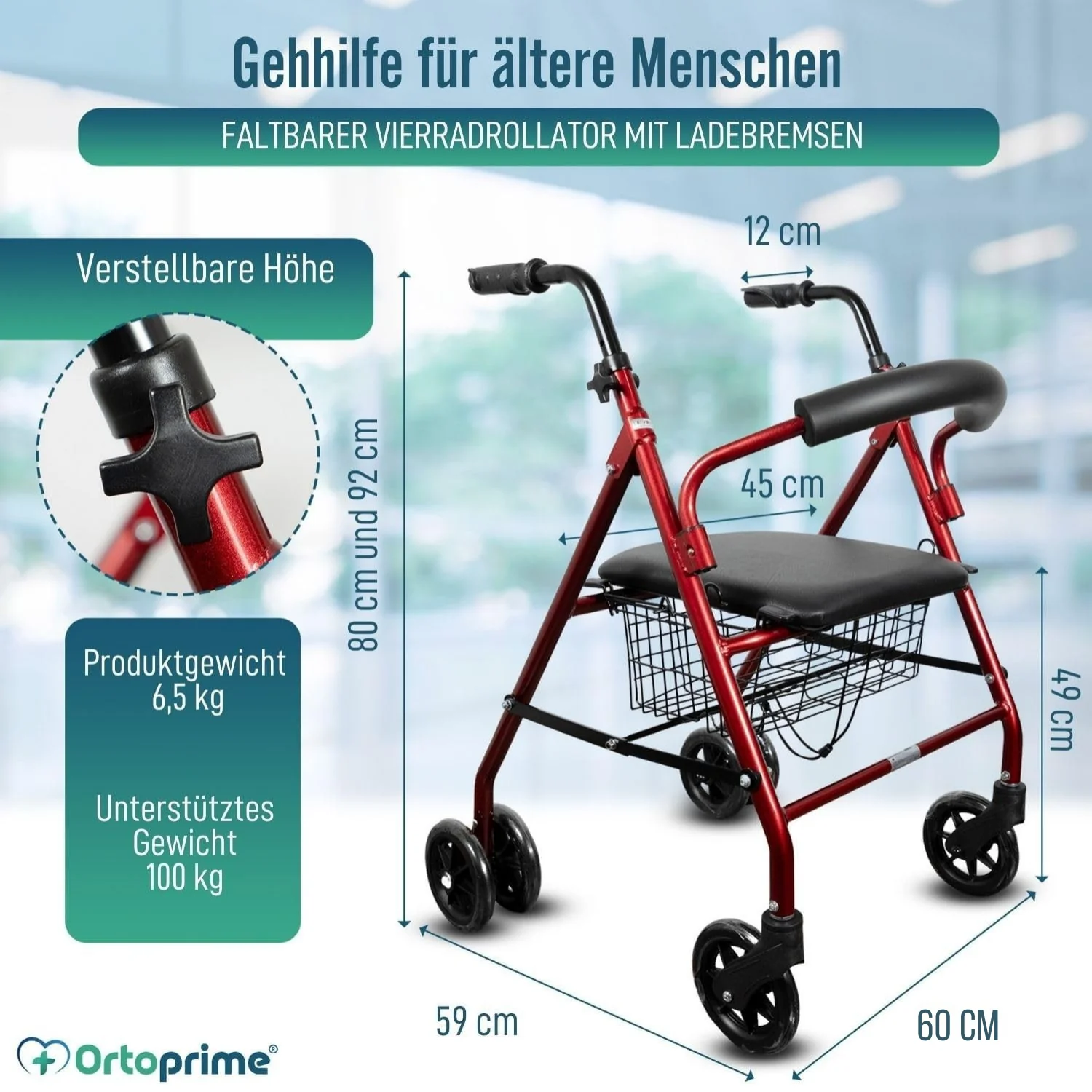 Rollator aus Aluminium mit Lastbremse und Gepolsterter Sitzfläche - Image 5